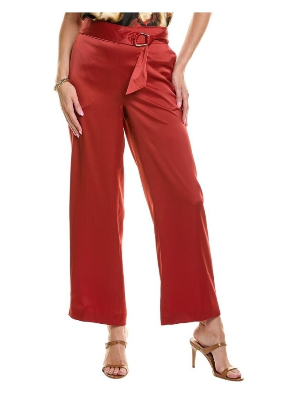 Anne Klein Pull On High Rise Belted Wide Leg Satin Pants Brick Brown Size M $99